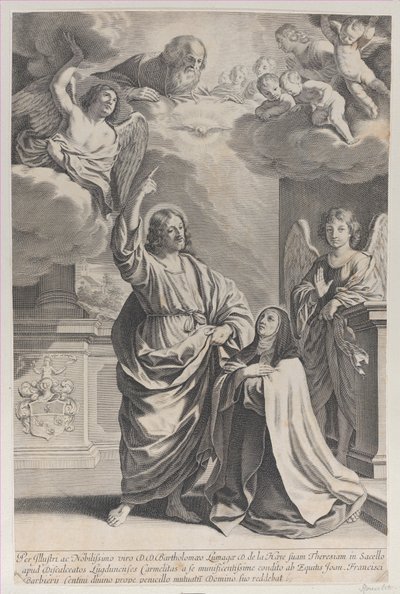 Sint Theresa biddend naast Christus, die naar God de Vader wijst door Gilles Rousselet