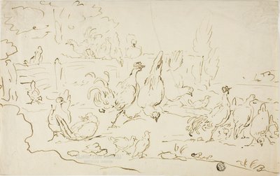 Kippen en hanen in de tuin door Gillis Claesz. de Hondecoeter