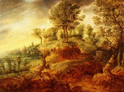 Een bebost landschap met een wagen op een pad en een kerk in de verte door Gillis Neyts