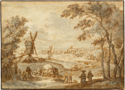 Landschap met windmolens voor een stad, met wandelaars en huifkar op de voorgrond door Gillis Neyts