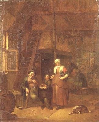 Het interieur van een herberg met een man die een dienende vrouw betaalt door Gillis de Winter