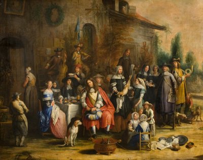 Jachtpartij Buiten een Herberg door Gillis van (follower of) Tilborgh