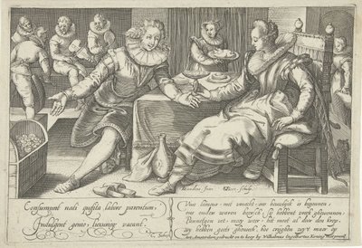 Verspilling in het huwelijk, Elegant paar aan tafel in een vertrek door Gillis van Breen