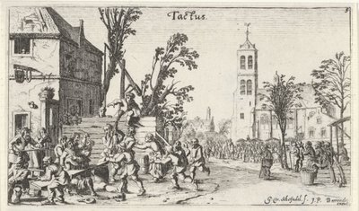 Gevecht bij een herberg (de Tastzin) Landschappen met de vijf zintuigen (serie) door Gillis van Scheyndel (I)