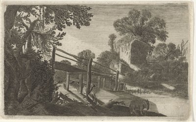 Houten brug bij een ruïne door Gillis van Scheyndel (I)