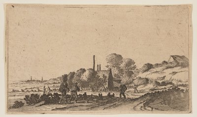 Figuren op een pad voor boerderijen op de duinen, uit Twaalf landschappen door Gillis van Scheyndel