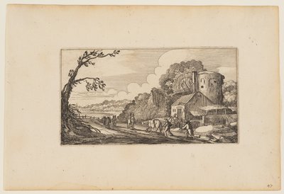 Pad naar links van een boerderij gedomineerd door een ronde toren, uit Twaalf landschappen met figuren door Gillis van Scheyndel
