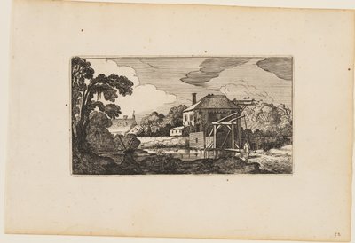 Vijver voor houten brug en een huis, uit Twaalf landschappen met figuren door Gillis van Scheyndel