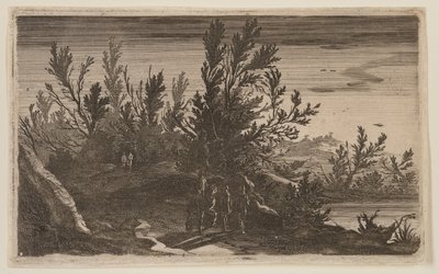 Ruiters op een bospad links van de vijver, uit Six Landscapes door Gillis van Scheyndel