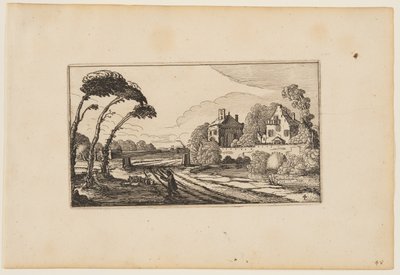 Weg links van een ommuurd landhuis, uit Twaalf landschappen met figuren door Gillis van Scheyndel
