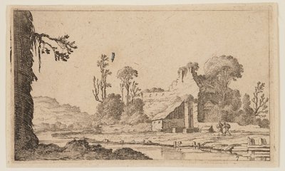 Ruïnes omgevormd tot een boerderij aan een rivier, uit Twaalf Landschappen door Gillis van Scheyndel