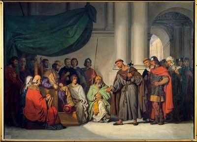 Eerste Kruistocht: De Oosterse keizer Alexis Comnene ontvangt Peter de Kluizenaar in Constantinopel in augustus 1096 door Gillot Saint Evre
