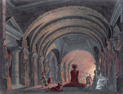 Scenografie voor Act IV van Semiramide door Gioacchino Rossini, gravure door Gioachino Rossini
