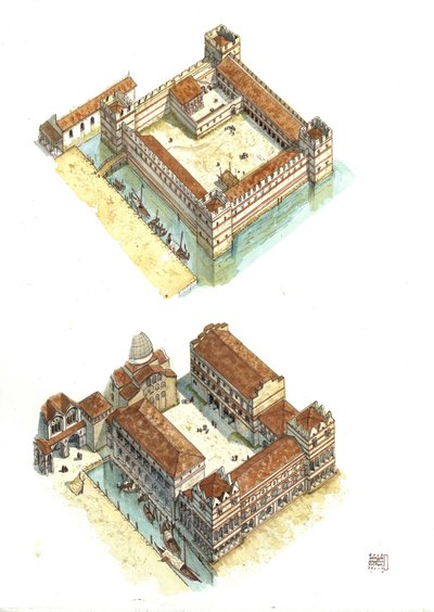 Luchtfoto van de bouwfasen van het Dogenpaleis (of Hertogelijk Paleis of Palazzo Ducale) op het San Marcoplein in Venetië in de 7e en 12e eeuw. Italië door Giorgio Albertini