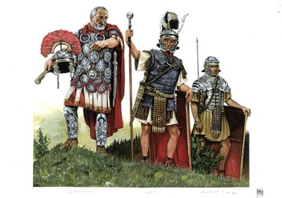 Het oude Rome: een centurion, optio (boodschapper tussen centurions en decurions) en een legionair. 2e eeuw door Giorgio Albertini