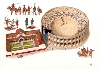 Het oude Rome: reconstructie van het amfitheater van de stad Amiternum bij de Aquila in Abruzzo, Italië. 1e - 2e eeuw na Christus. Linksboven verschillende gladiatorenoutfits en scènes van de gevechten in de arena. Illustratie door Gior door Giorgio Albertini
