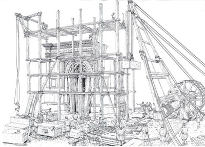 Het oude Rome: reconstructie van een bouwplaats van een boog in de 1e eeuw na Christus. De arbeiders hijsen de marmeren blokken op met steigers en katrollen. Illustratie door Giorgio Albertini. (Het gebruik van de werken van deze auteur is niet onderworpen door Giorgio Albertini