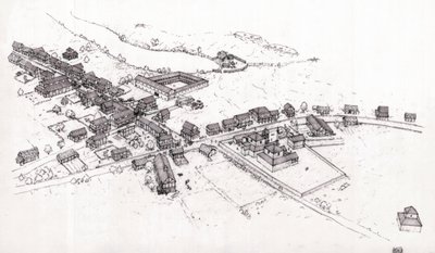 Het oude Rome: reconstructie van een dorp in Romeins Bretagne (Britannia of eiland Bretagne) in de 2e eeuw. Illustratie door Giorgio Albertini. (Het gebruik van de werken van deze auteur is niet onderworpen aan een aanvraag voor toestemming van een derde p door Giorgio Albertini
