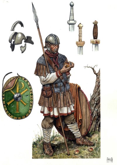 Oud Rome: soldaat van de Romeinse infanterie, 5e of 6e eeuw. door Giorgio Albertini