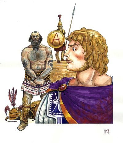 Antiquite: de koning van Macedoine Alexander de Grote (356-323 v.Chr.), achter hem Fenicische piraten (Carthagers) wiens vloten hij rond 332 v.Chr. vernietigde. door Giorgio Albertini