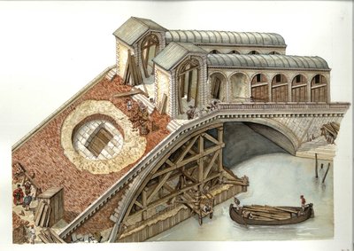 Architectuur: bouwplaats van de Rialtobrug in 1588-1591 in Venetië, Italië. Illustratie door Giorgio Albertini (Het gebruik van het werk van deze auteur is niet onderworpen aan toestemming van derden of de betaling van aanvullende royalty