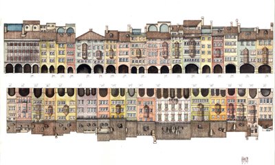 Architectuur: plat aanzicht van Via dei Portici, overdekte galerij met portiek, samen met gekleurde huizen, van de stad Bolzano, Italië Illustratie door Giorgio Albertini. (Voor het gebruik van het werk van deze auteur is geen toestemming vereist van door Giorgio Albertini