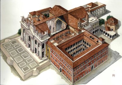 Barokarchitectuur: reconstructie van de Basiliek van Sint-Jan Lateranen (Sint-Jan Laterano of San Giovanni in Laterano) (17e-18e eeuw) Rome Illustratie door Giorgio Albertini. (Het gebruik van de werken van deze auteur is niet onderworpen aan een aanvraag  door Giorgio Albertini