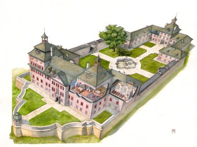 Barokarchitectuur: reconstructie van het kasteel Wolfsthurn, Mareta, Bolzano, Italië Illustratie door Giorgio Albertini. (Het gebruik van de werken van deze auteur is niet onderworpen aan een verzoek om toestemming van een derde partij of aan de betaling v door Giorgio Albertini