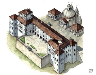 Barokkunst: luchtfoto van het paleis Chigi a Ariccia, Lazio, in de 17e eeuw. Italië door Giorgio Albertini