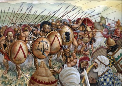 Slag bij de Thermopylen: het leger van de Spartanen onder leiding van Leonidas I vocht tegen de Grieken tegen de Perzen in 480 voor Christus. door Giorgio Albertini