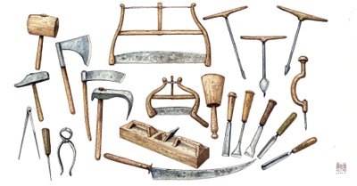 Bord met de beschrijving van het gereedschap dat de timmerman gebruikt: bijl, kompas, hamer, tang, zaag, boor. door Giorgio Albertini