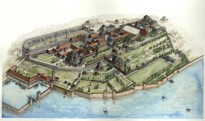 Byzantijnse Rijk: zicht op het keizerlijk paleis van Constantinopel, door Giorgio Albertini