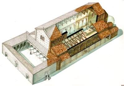 Byzantijnse kunst: reconstructie van de Basiliek van Cabianca, gesticht onder keizer Justinianus I (482-565) in Ravenna. Italië door Giorgio Albertini