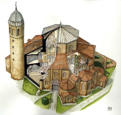 Byzantijnse kunst: voorstelling van de Basiliek van St. Vital (Saint Vital of San Vitale) in Ravenna (Ravenna) in de 5e eeuw. Luchtfoto met uitsnijdingen om het interieur te zien. Italië Illustratie door Giorgio Albertini. (Het gebruik van de werken van de door Giorgio Albertini
