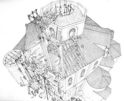 Byzantijnse kunst: voorstelling van de bouwplaats van de Basiliek van St. Vital (Saint Vital of San Vitale) in Ravenna in de 5e eeuw. Gezicht op de aërosol waarop de arbeiders op de steigers werken aan het geraamte van de koepel. Italië Illustratie door Gi door Giorgio Albertini