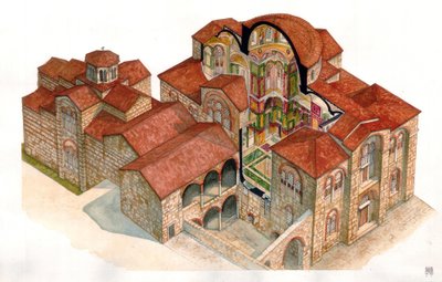 Byzantijnse kunst: aanzicht en architecturale doorsnede van het klooster van Hosios Loukas (Osios Lukas of Luckas), gebouwd in de 11e eeuw. Griekenland door Giorgio Albertini