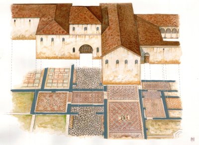 Byzantijnse kunst: zicht op de Domus site van stenen tapijten (dei tappeti di pietra) in Ravenna (Ravenna) in de 6e eeuw, samengesteld uit mozaïek van een Byzantijns paleis. door Giorgio Albertini