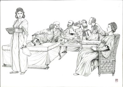 Dagelijks leven Oud Rome: een maaltijd met de Romeinen, groep langgerekte mannen, 5e eeuw. door Giorgio Albertini