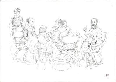 Dagelijks leven Renaissance: burgerlijk gezin aan tafel door Giorgio Albertini