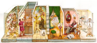 Dagelijks leven: evolutie van verlichting in de huizen, links prehistorische mannen in de grotten, verlichting met vuur, dan oud huis, een monnik bidt in de middeleeuwen met een kaars, een bediende verlicht een kroonluchter aan het plafond in de 19e eeuw,  door Giorgio Albertini