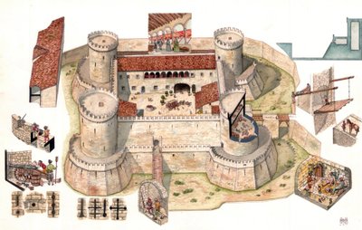 Detail luchtfoto van het Aragonese kasteel van Venosa gebouwd door Pirro del Balzo in 1470, vlakbij Potenza in Basilicata, Italië Door de kopjes kun je gevangenen zien in de cellen in de torens die als gevangenis dienden. Detailaanzichten tonen soldaten in door Giorgio Albertini