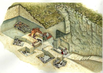 Etruskische beschaving: reconstructie en versnijding van de graftombe Francois de Vulci. 3e eeuw voor Christus Italië door Giorgio Albertini