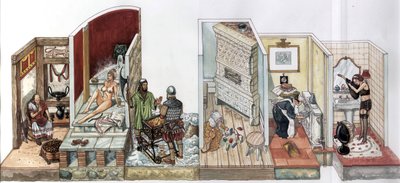 Het alledaagse leven: evolutie van verwarmingssystemen in huizen, links een man die zich verwarmt met sintels in de oudheid, een jonge vrouw in een stoombad, gedichten uit de middeleeuwen in de 19e eeuw een radiator in een huis uit de 20e eeuw. door Giorgio Albertini