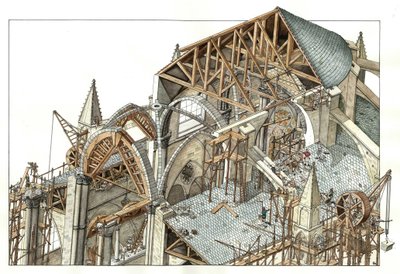 Gotische kunst: reconstructie van de bouwplaats van een gotische kathedraal, de arbeiders klimmen op steigers en gebruiken katrollen. 13e eeuw Illustratie door Giorgio Albertini. (Voor het gebruik van de werken van deze auteur is geen toestemming vereist. door Giorgio Albertini