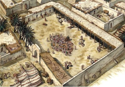 Islam: Het huis van de profeet Mohammed (Muhammad of Mohammed) (570-632) na zijn aankomst in Medine in 622, vergezelde de eerste moslims (Hegira), Saoedi-Arabië De profeet is zichtbaar, zijn gezicht bedekt. Illustratie door Giorgio Albertini. (Het gebruik  door Giorgio Albertini