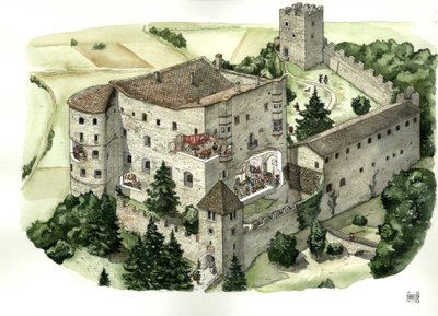 Middeleeuwse architectuur: zicht op het kasteel van Pergine, met uitsnijdingen die het leven van de bewoners in de kamers van het kasteel in de 16e eeuw laten zien. Pergine Valsugana, Trento, Italië Illustratie door Giorgio Albertini. (Het gebruik van de w door Giorgio Albertini
