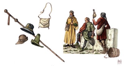Middeleeuwse mode: pelerin kostuum tussen de 12e en 14e eeuw, tas, hoeden, riet, tunieken. door Giorgio Albertini