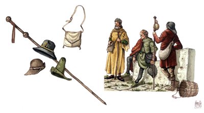 Middeleeuwse mode: pelerin kostuum tussen de 12e en 14e eeuw, tas, hoeden, riet, tunieken. door Giorgio Albertini