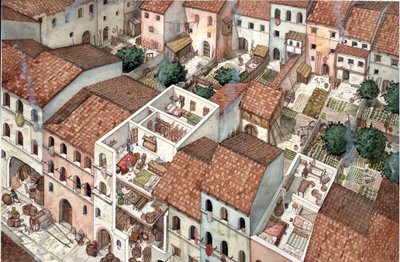 Middeleeuwen: luchtfoto van woningen, doorsnede van het interieur van de woningen in Florence, Italië in de 13e eeuw. door Giorgio Albertini