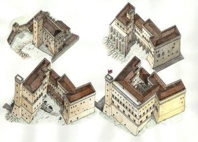 Middeleeuwen: luchtfoto van de verschillende bouwfasen van het Vaticaanse paleis (Vaticano) tussen de 12e en 15e eeuw. Rome Italië door Giorgio Albertini